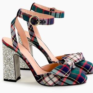 J.CREW Harlow Ankle Strap Bow Pumps Festive Plaid Glitter Block Heel 4”